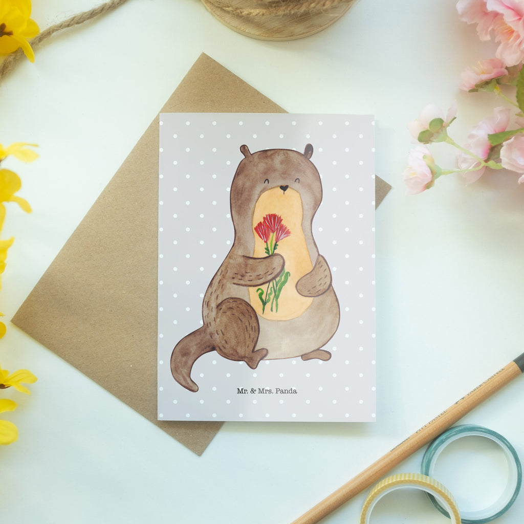 Grußkarte Otter Blumenstrauß Klappkarte, Einladungskarte, Glückwunschkarte, Hochzeitskarte, Geburtstagskarte, Karte, Otter, Fischotter, Seeotter, Otter Seeotter See Otter