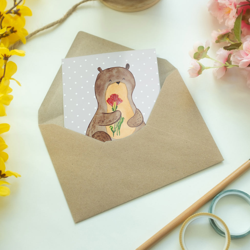 Grußkarte Otter Blumenstrauß Klappkarte, Einladungskarte, Glückwunschkarte, Hochzeitskarte, Geburtstagskarte, Karte, Otter, Fischotter, Seeotter, Otter Seeotter See Otter