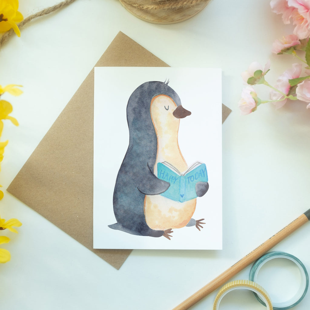Grußkarte Pinguin Buch Klappkarte, Einladungskarte, Glückwunschkarte, Hochzeitskarte, Geburtstagskarte, Karte, Pinguin, Pinguine, Buch, Lesen, Bücherwurm, Nichtstun, Faulenzen, Ferien, Urlaub, Freizeit