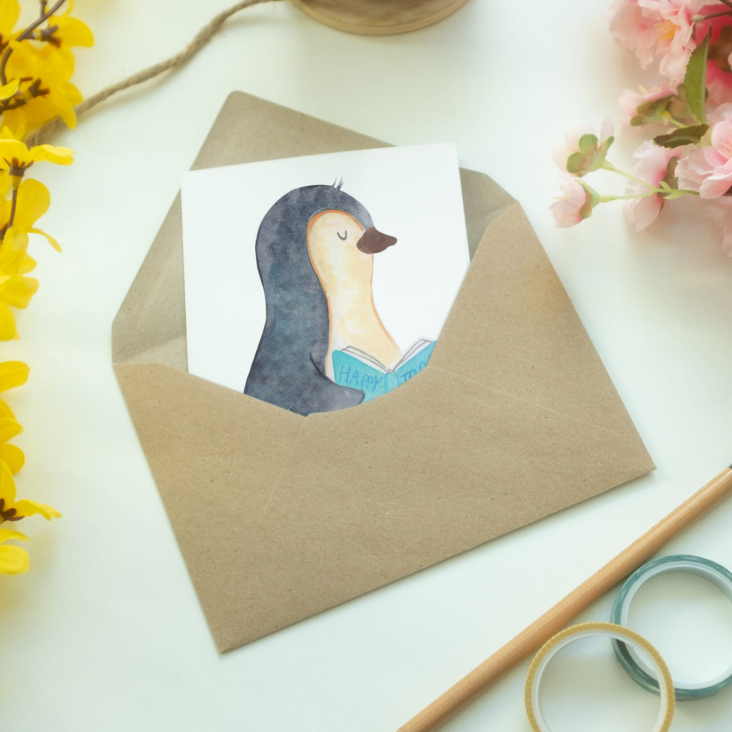 Grußkarte Pinguin Buch Klappkarte, Einladungskarte, Glückwunschkarte, Hochzeitskarte, Geburtstagskarte, Karte, Pinguin, Pinguine, Buch, Lesen, Bücherwurm, Nichtstun, Faulenzen, Ferien, Urlaub, Freizeit