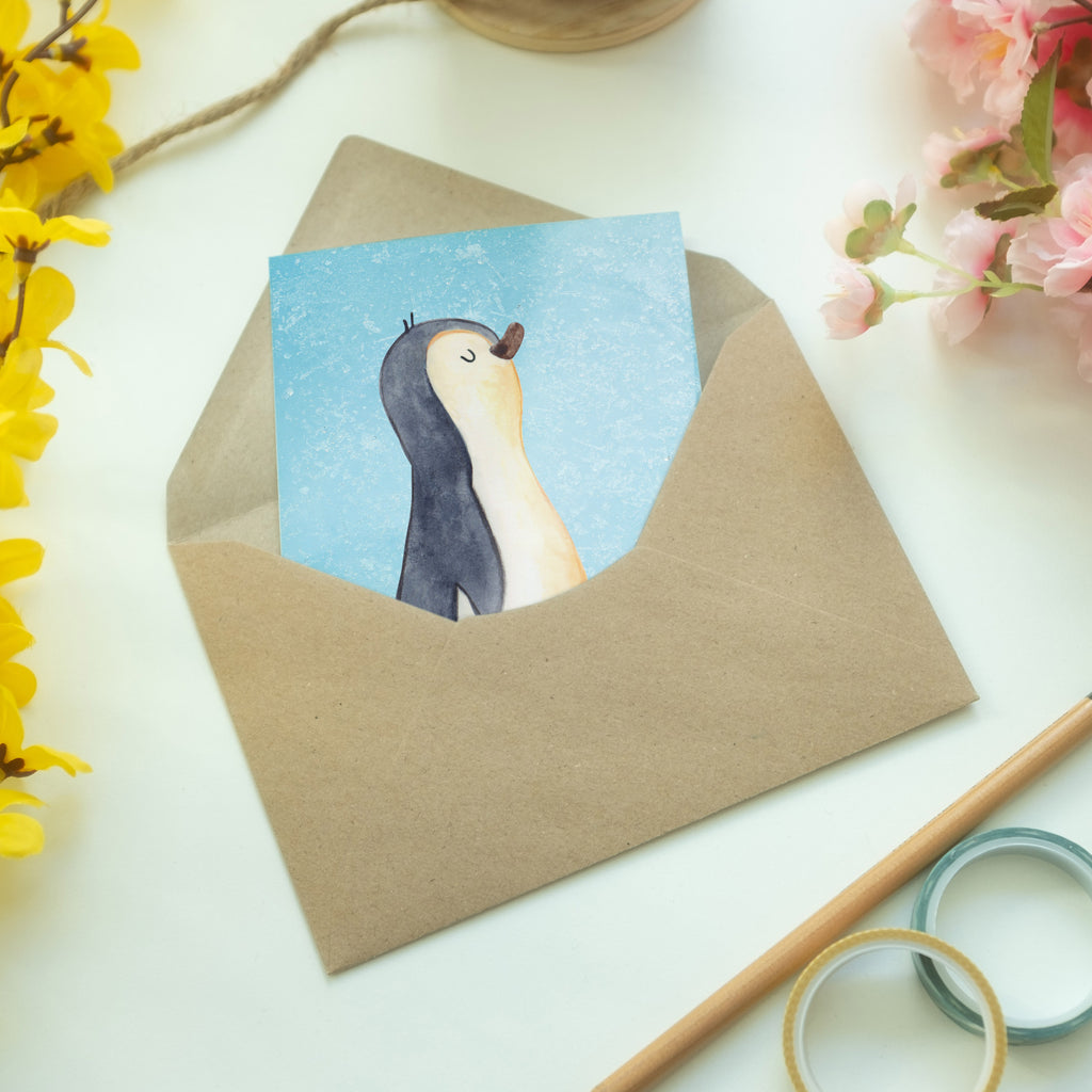 Grußkarte Pinguin marschierend Klappkarte, Einladungskarte, Glückwunschkarte, Hochzeitskarte, Geburtstagskarte, Karte, Pinguin, Pinguine, Frühaufsteher, Langschläfer, Bruder, Schwester, Familie