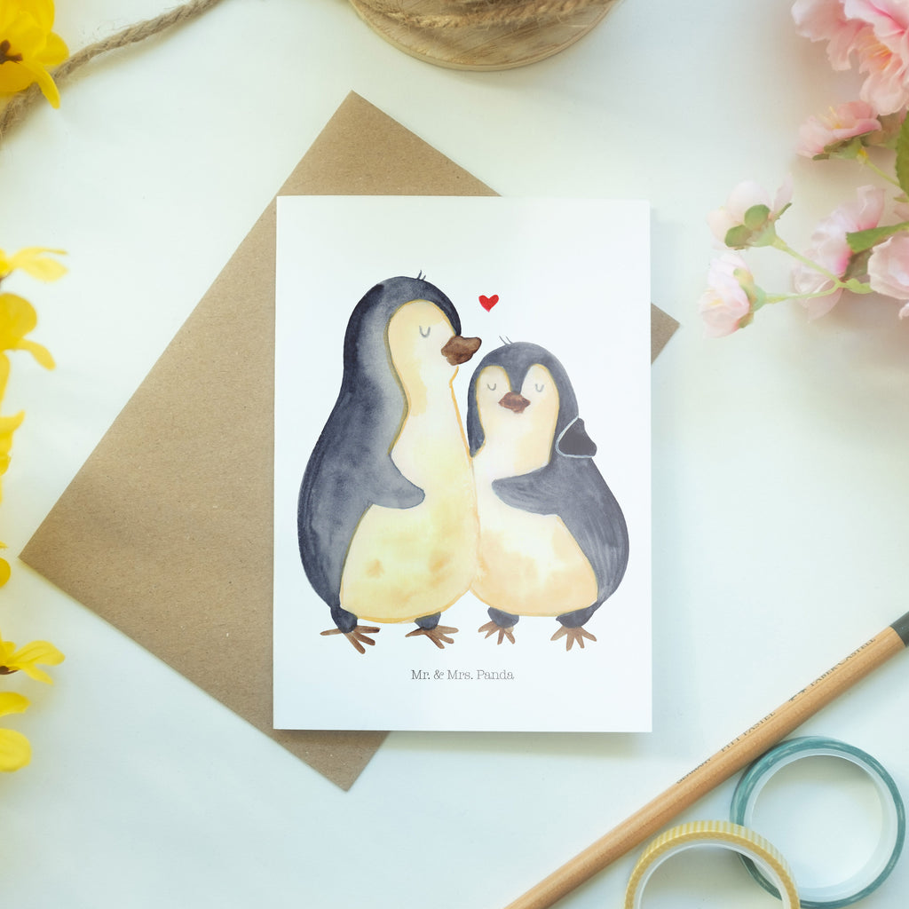 Grußkarte Pinguin umarmend Klappkarte, Einladungskarte, Glückwunschkarte, Hochzeitskarte, Geburtstagskarte, Karte, Pinguin, Liebe, Liebespaar, Liebesbeweis, Liebesgeschenk, Verlobung, Jahrestag, Hochzeitstag, Hochzeit, Hochzeitsgeschenk