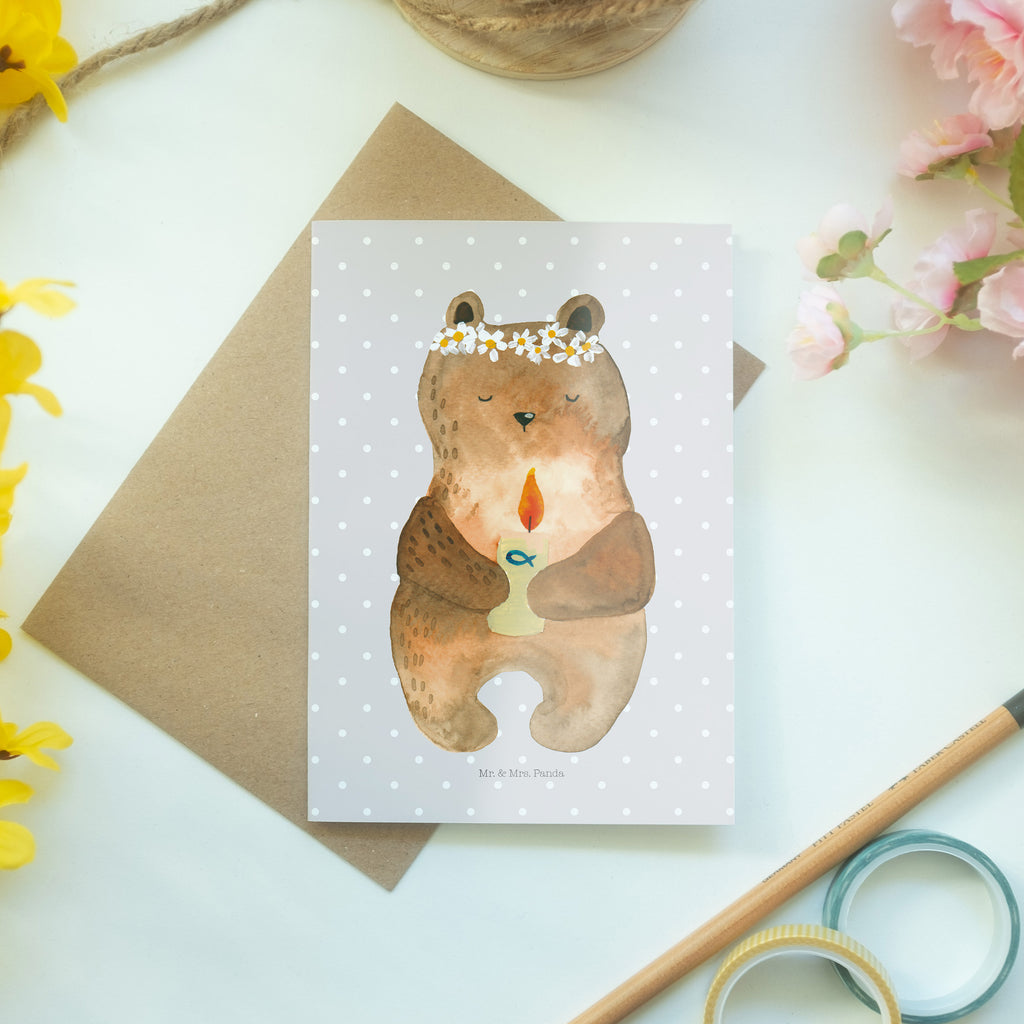 Grußkarte Kommunion-Bär Klappkarte, Einladungskarte, Glückwunschkarte, Hochzeitskarte, Geburtstagskarte, Karte, Bär, Teddy, Teddybär, Kommunion, Gottes Segen, Taufkerze, katholisch