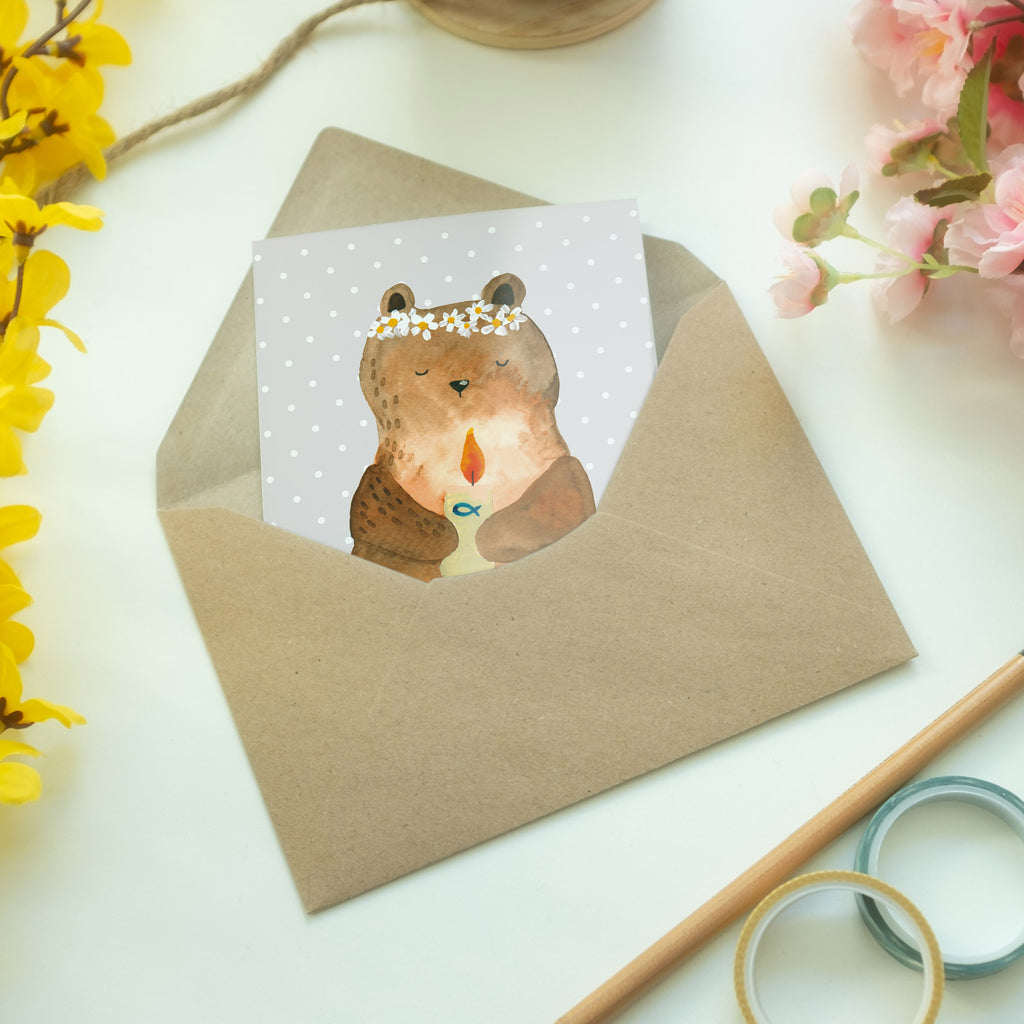 Grußkarte Kommunion-Bär Klappkarte, Einladungskarte, Glückwunschkarte, Hochzeitskarte, Geburtstagskarte, Karte, Bär, Teddy, Teddybär, Kommunion, Gottes Segen, Taufkerze, katholisch