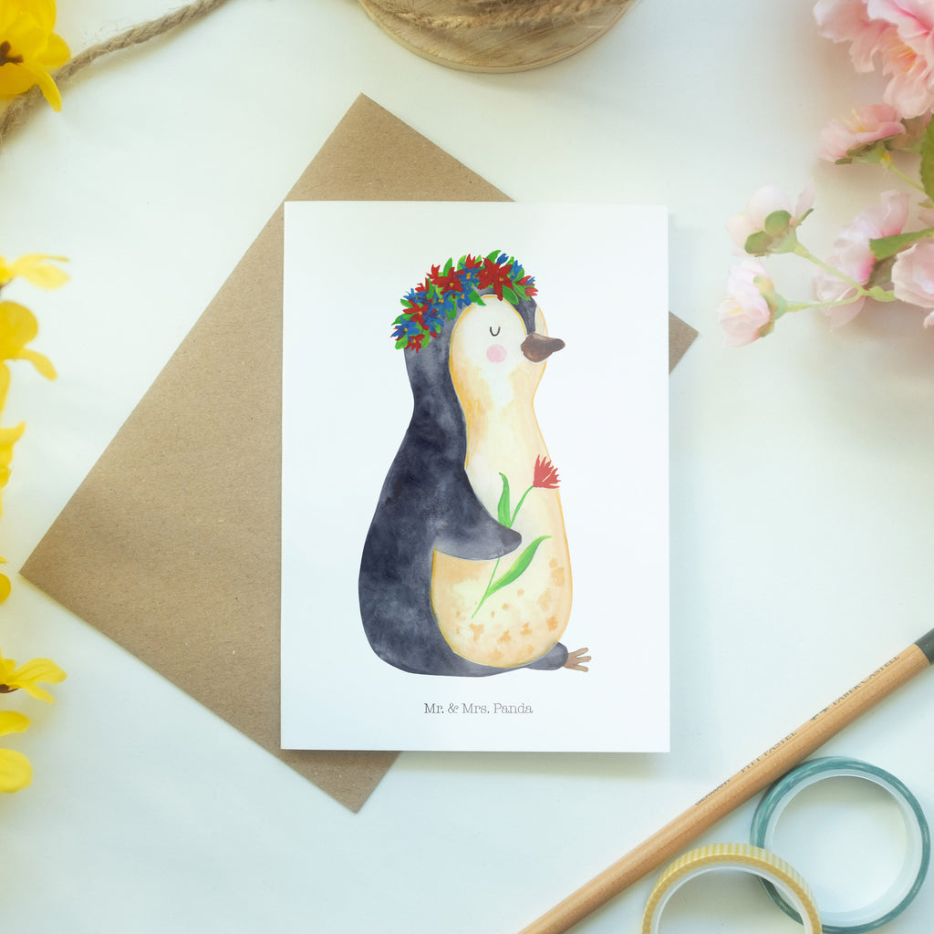Grußkarte Pinguin Blumenkranz Klappkarte, Einladungskarte, Glückwunschkarte, Hochzeitskarte, Geburtstagskarte, Karte, Pinguin, Pinguine, Blumenkranz, Universum, Leben, Wünsche, Ziele, Lebensziele, Motivation, Lebenslust, Liebeskummer, Geschenkidee