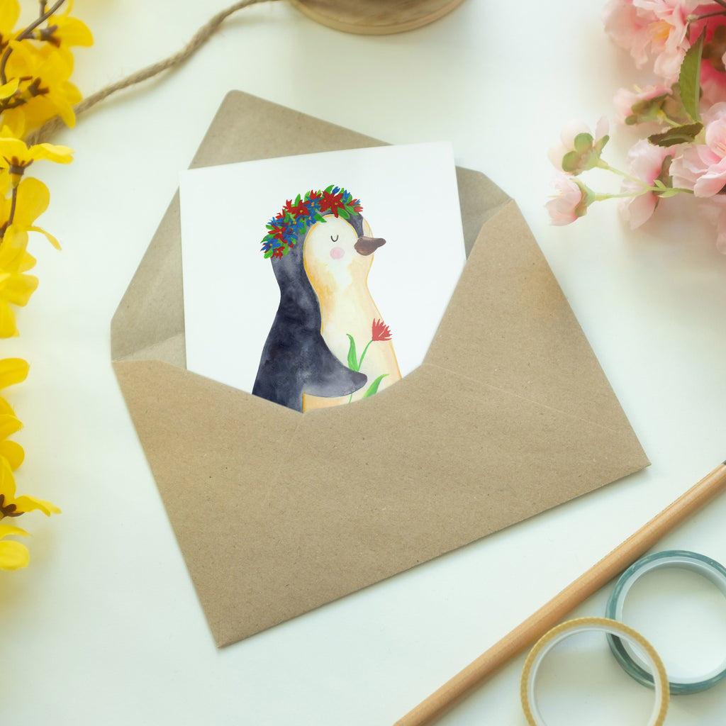 Grußkarte Pinguin Blumenkranz Klappkarte, Einladungskarte, Glückwunschkarte, Hochzeitskarte, Geburtstagskarte, Karte, Pinguin, Pinguine, Blumenkranz, Universum, Leben, Wünsche, Ziele, Lebensziele, Motivation, Lebenslust, Liebeskummer, Geschenkidee