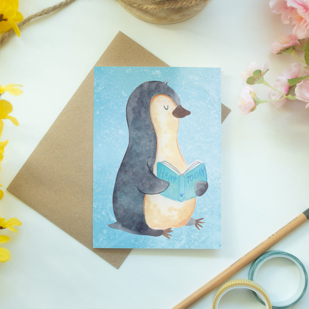 Grußkarte Pinguin Buch Klappkarte, Einladungskarte, Glückwunschkarte, Hochzeitskarte, Geburtstagskarte, Karte, Pinguin, Pinguine, Buch, Lesen, Bücherwurm, Nichtstun, Faulenzen, Ferien, Urlaub, Freizeit