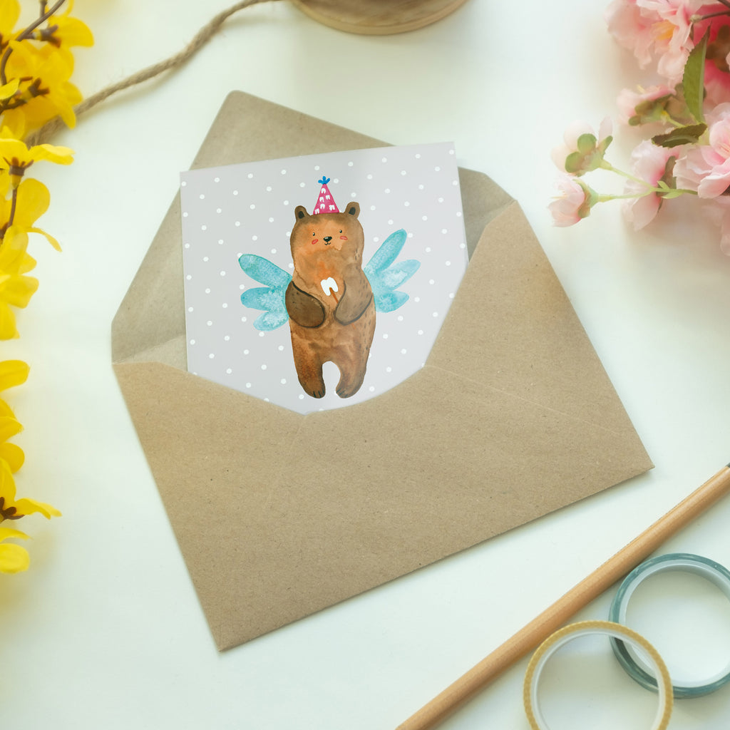 Grußkarte Zahnfee Bär Klappkarte, Einladungskarte, Glückwunschkarte, Hochzeitskarte, Geburtstagskarte, Karte, Bär, Teddy, Teddybär, Zahnfee, Fee, Milchzahn, Erster Zahn