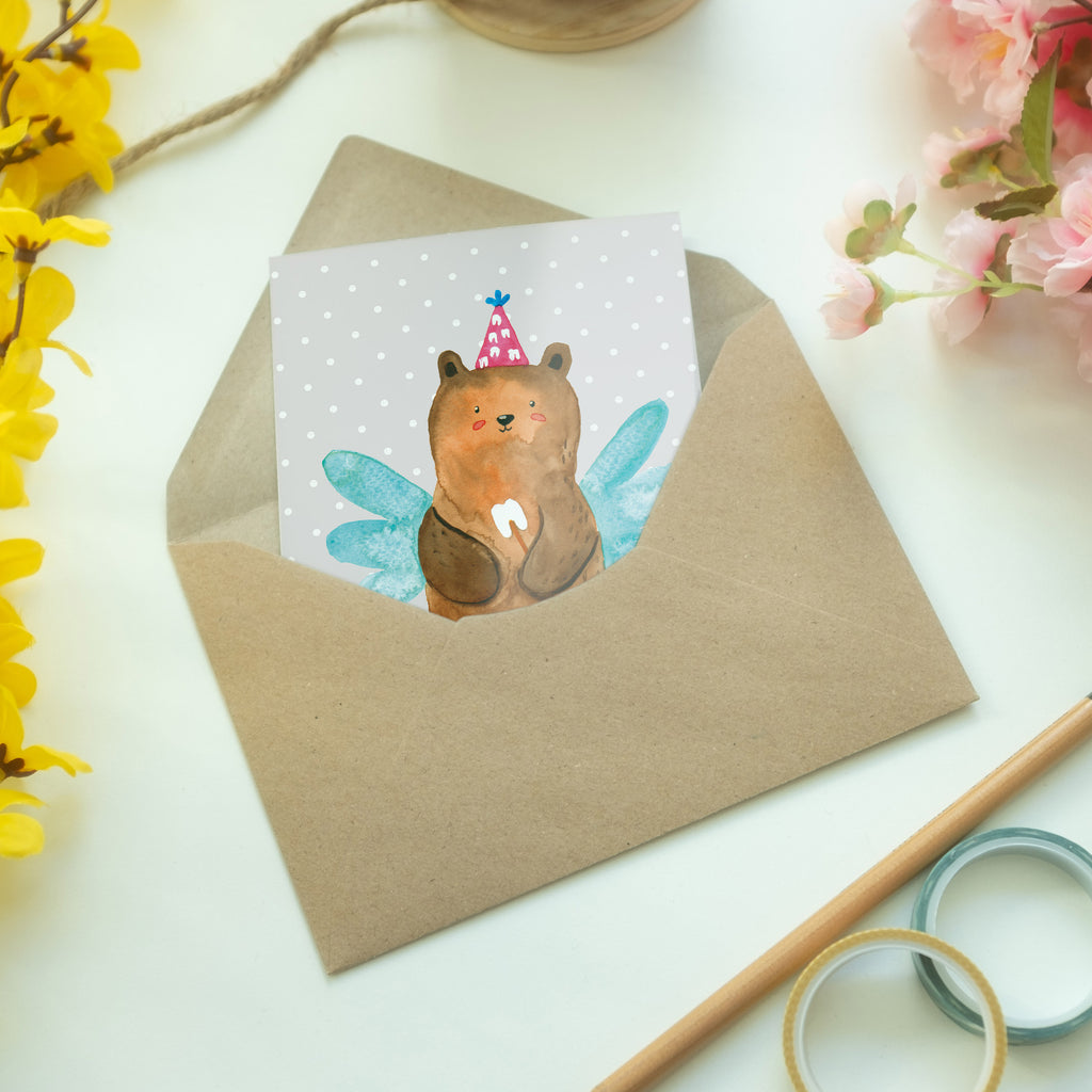 Grußkarte Zahnfee Bär Klappkarte, Einladungskarte, Glückwunschkarte, Hochzeitskarte, Geburtstagskarte, Karte, Bär, Teddy, Teddybär, Zahnfee, Fee, Milchzahn, Erster Zahn