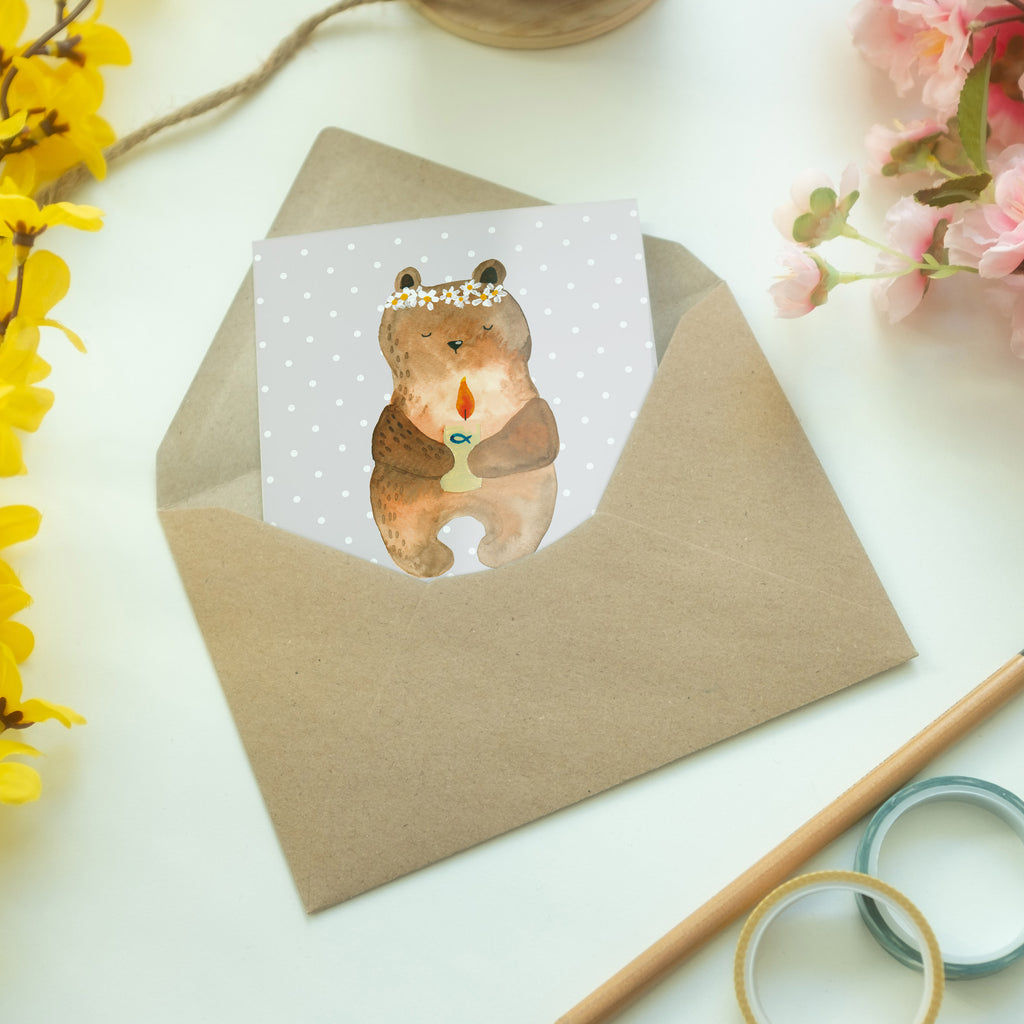 Grußkarte Kommunion-Bär Klappkarte, Einladungskarte, Glückwunschkarte, Hochzeitskarte, Geburtstagskarte, Karte, Bär, Teddy, Teddybär, Kommunion, Gottes Segen, Taufkerze, katholisch