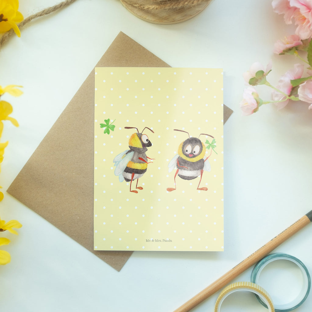 Grußkarte Hummeln mit Kleeblatt Klappkarte, Einladungskarte, Glückwunschkarte, Hochzeitskarte, Geburtstagskarte, Karte, Tiermotive, Gute Laune, lustige Sprüche, Tiere, Hummel, Biene, Spruch positiv, Biene Deko, Spruch schön, glücklich sein, glücklich werden, Spruch fröhlich