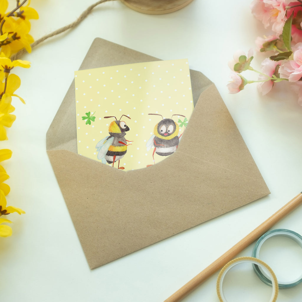 Grußkarte Hummeln mit Kleeblatt Klappkarte, Einladungskarte, Glückwunschkarte, Hochzeitskarte, Geburtstagskarte, Karte, Tiermotive, Gute Laune, lustige Sprüche, Tiere, Hummel, Biene, Spruch positiv, Biene Deko, Spruch schön, glücklich sein, glücklich werden, Spruch fröhlich