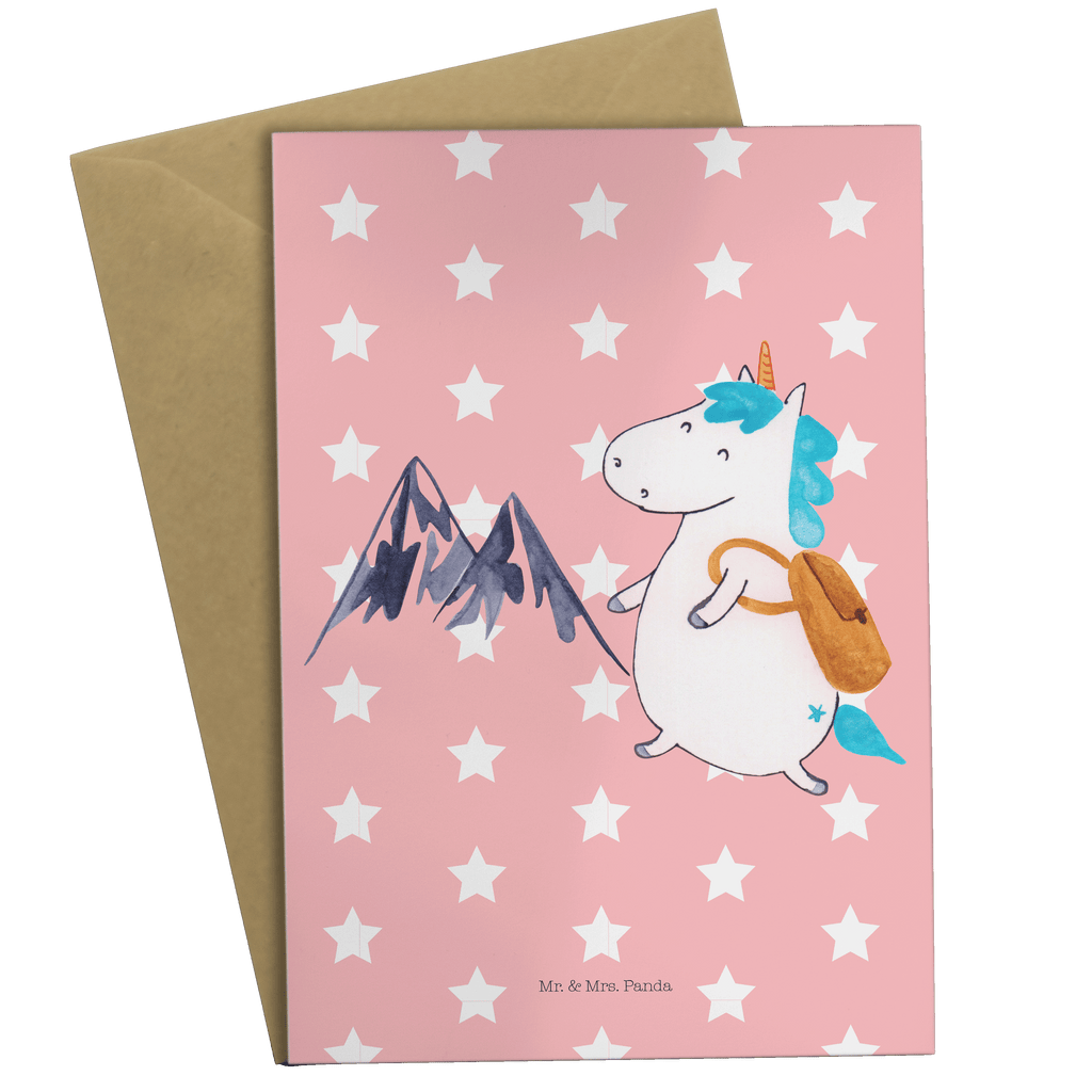 Grußkarte Einhorn Bergsteiger Klappkarte, Einladungskarte, Glückwunschkarte, Hochzeitskarte, Geburtstagskarte, Karte, Einhorn, Einhörner, Einhorn Deko, Pegasus, Unicorn, Bergsteiger, Abenteuer, Berge, Abenteurer, Weltenbummler, Weltreise, Reisen, Urlaub, Entdecker