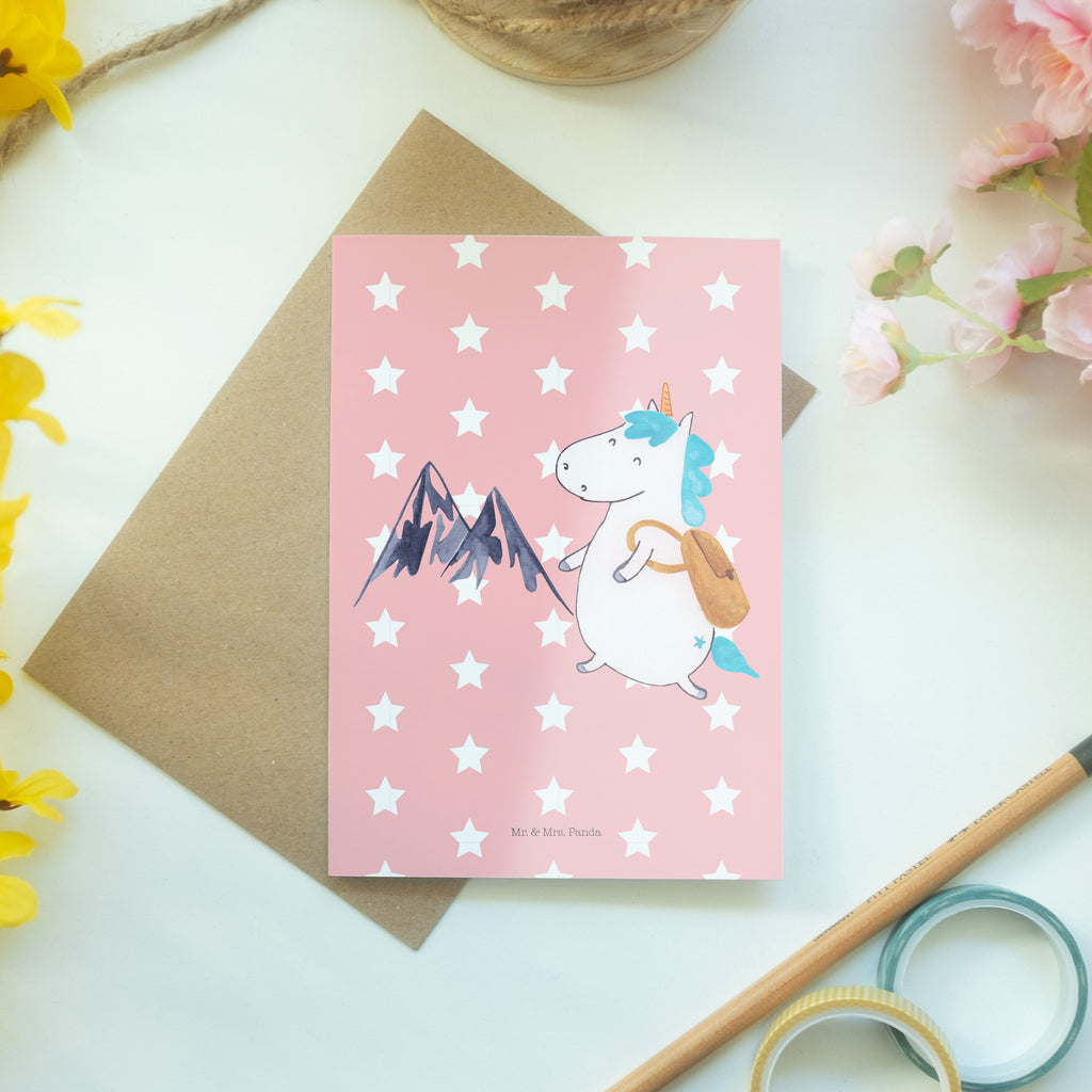 Grußkarte Einhorn Bergsteiger Klappkarte, Einladungskarte, Glückwunschkarte, Hochzeitskarte, Geburtstagskarte, Karte, Einhorn, Einhörner, Einhorn Deko, Pegasus, Unicorn, Bergsteiger, Abenteuer, Berge, Abenteurer, Weltenbummler, Weltreise, Reisen, Urlaub, Entdecker