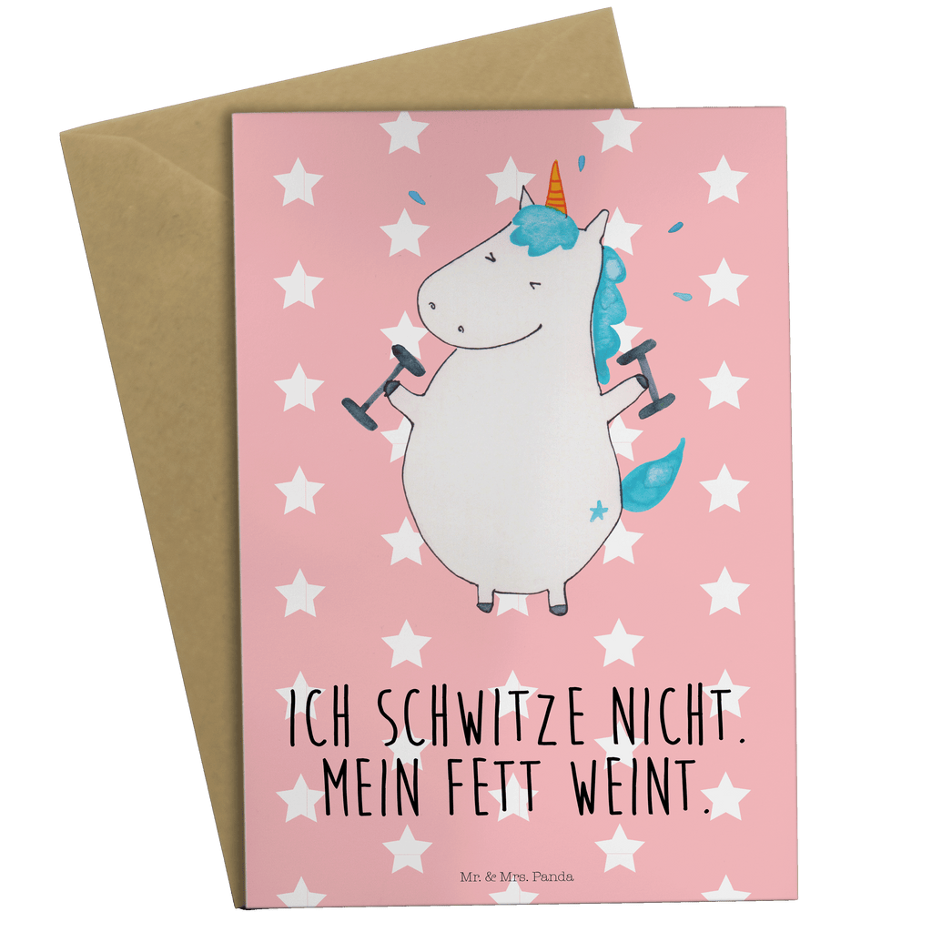Grußkarte Einhorn Fitness Klappkarte, Einladungskarte, Glückwunschkarte, Hochzeitskarte, Geburtstagskarte, Karte, Einhorn, Einhörner, Einhorn Deko, Pegasus, Unicorn, Gym, Fitness, Fitnessstudio, Diät, Abnehmen, Sport, Pumpen, Geräte, Sixpack