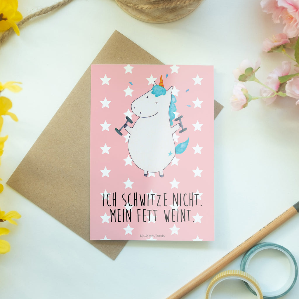 Grußkarte Einhorn Fitness Klappkarte, Einladungskarte, Glückwunschkarte, Hochzeitskarte, Geburtstagskarte, Karte, Einhorn, Einhörner, Einhorn Deko, Pegasus, Unicorn, Gym, Fitness, Fitnessstudio, Diät, Abnehmen, Sport, Pumpen, Geräte, Sixpack