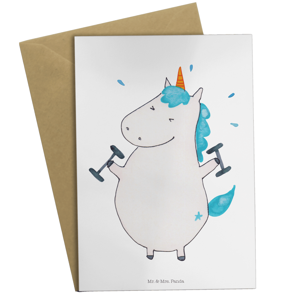 Grußkarte Einhorn Fitness Klappkarte, Einladungskarte, Glückwunschkarte, Hochzeitskarte, Geburtstagskarte, Karte, Einhorn, Einhörner, Einhorn Deko, Pegasus, Unicorn, Gym, Fitness, Fitnessstudio, Diät, Abnehmen, Sport, Pumpen, Geräte, Sixpack
