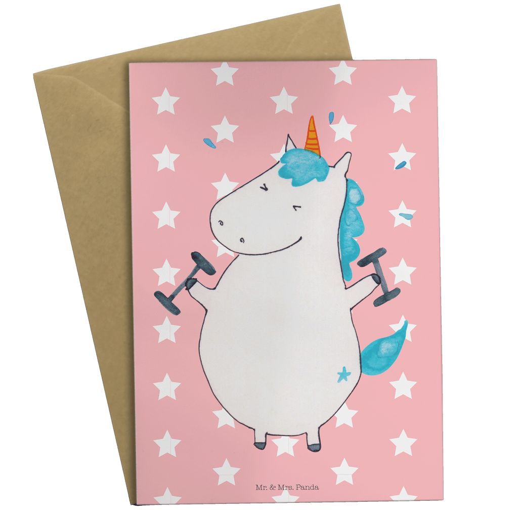 Grußkarte Einhorn Fitness Klappkarte, Einladungskarte, Glückwunschkarte, Hochzeitskarte, Geburtstagskarte, Karte, Einhorn, Einhörner, Einhorn Deko, Pegasus, Unicorn, Gym, Fitness, Fitnessstudio, Diät, Abnehmen, Sport, Pumpen, Geräte, Sixpack