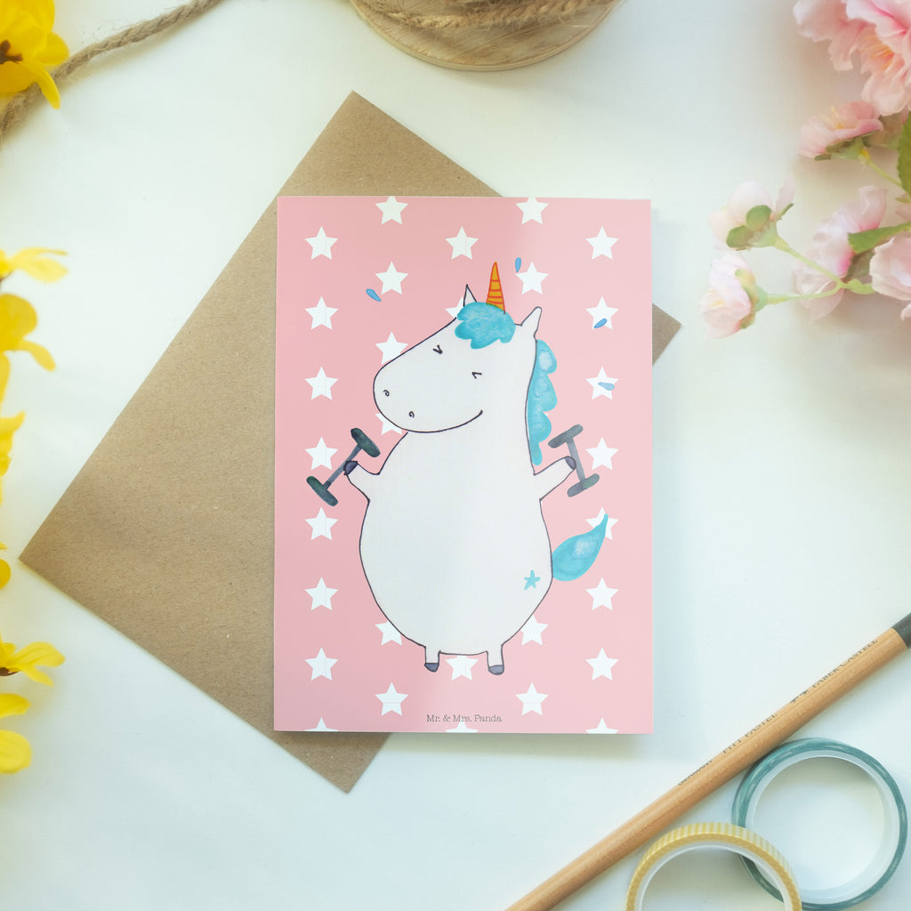 Grußkarte Einhorn Fitness Klappkarte, Einladungskarte, Glückwunschkarte, Hochzeitskarte, Geburtstagskarte, Karte, Einhorn, Einhörner, Einhorn Deko, Pegasus, Unicorn, Gym, Fitness, Fitnessstudio, Diät, Abnehmen, Sport, Pumpen, Geräte, Sixpack