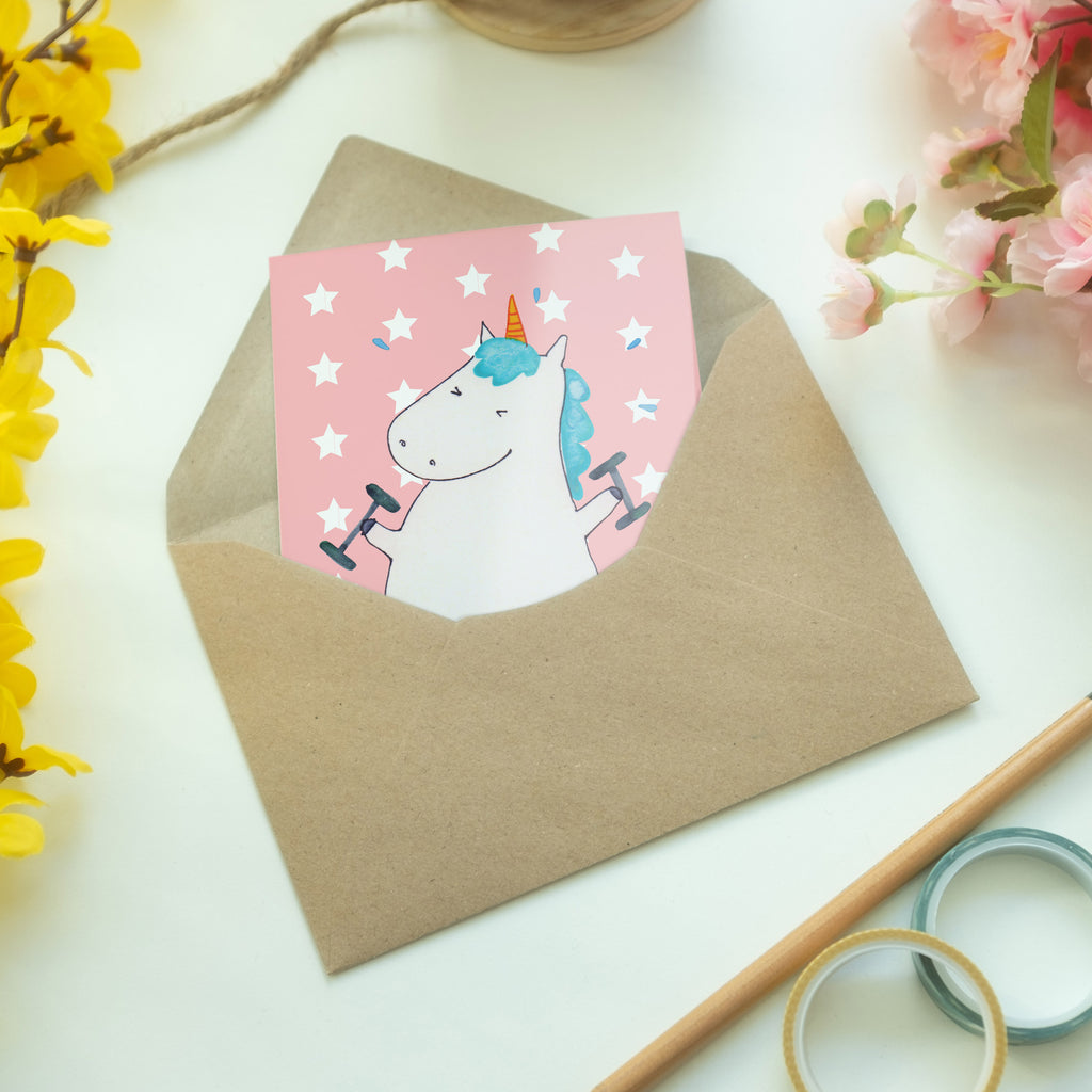 Grußkarte Einhorn Fitness Klappkarte, Einladungskarte, Glückwunschkarte, Hochzeitskarte, Geburtstagskarte, Karte, Einhorn, Einhörner, Einhorn Deko, Pegasus, Unicorn, Gym, Fitness, Fitnessstudio, Diät, Abnehmen, Sport, Pumpen, Geräte, Sixpack
