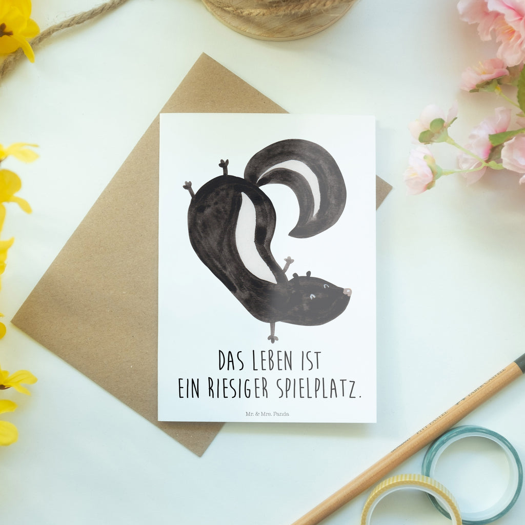 Grußkarte Stinktier Handstand Klappkarte, Einladungskarte, Glückwunschkarte, Hochzeitskarte, Geburtstagskarte, Karte, Stinktier, Skunk, Wildtier, Raubtier, Stinker, Stinki, Spielplatz, verpielt, Kind