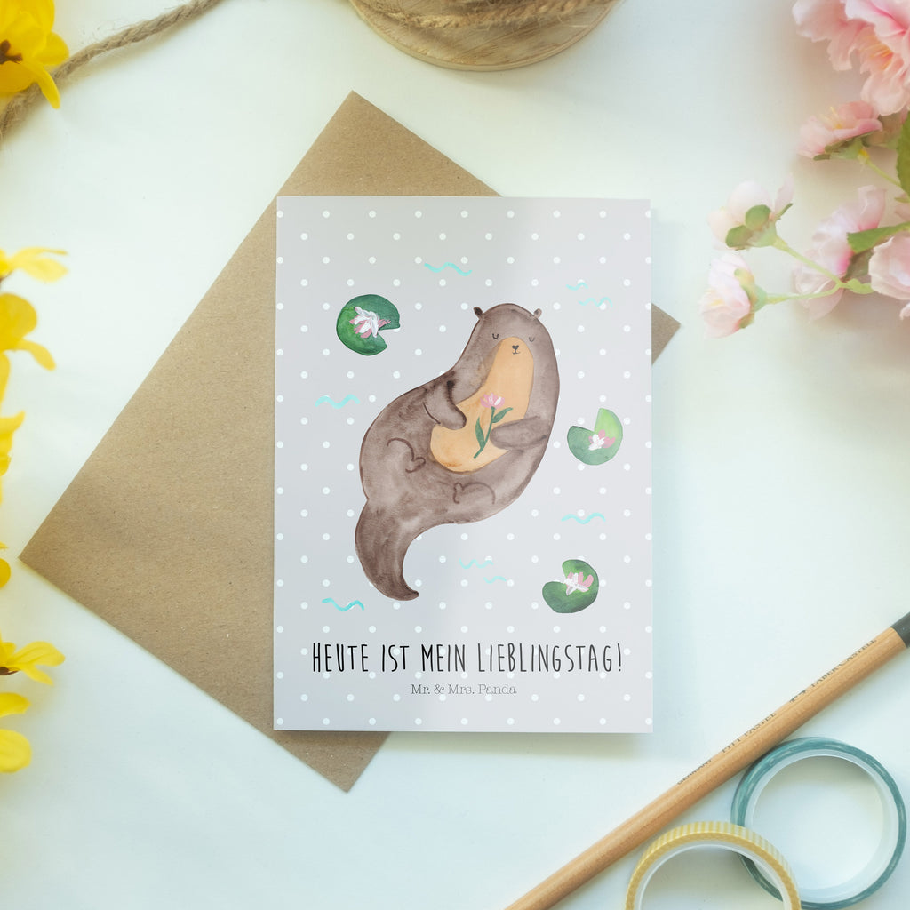 Grußkarte Otter mit Seerose Klappkarte, Einladungskarte, Glückwunschkarte, Hochzeitskarte, Geburtstagskarte, Karte, Otter, Fischotter, Seeotter, Otter Seeotter See Otter