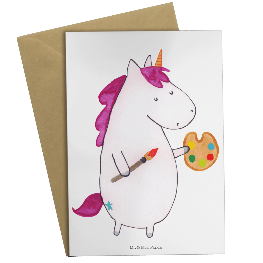 Grußkarte Einhorn Künstler Klappkarte, Einladungskarte, Glückwunschkarte, Hochzeitskarte, Geburtstagskarte, Karte, Einhorn, Einhörner, Einhorn Deko, Pegasus, Unicorn, Englisch, Künstler, Artist, Malen, Zeichnen, Welt, Farbe, Stift, Pinsel, Geschenk, Maler