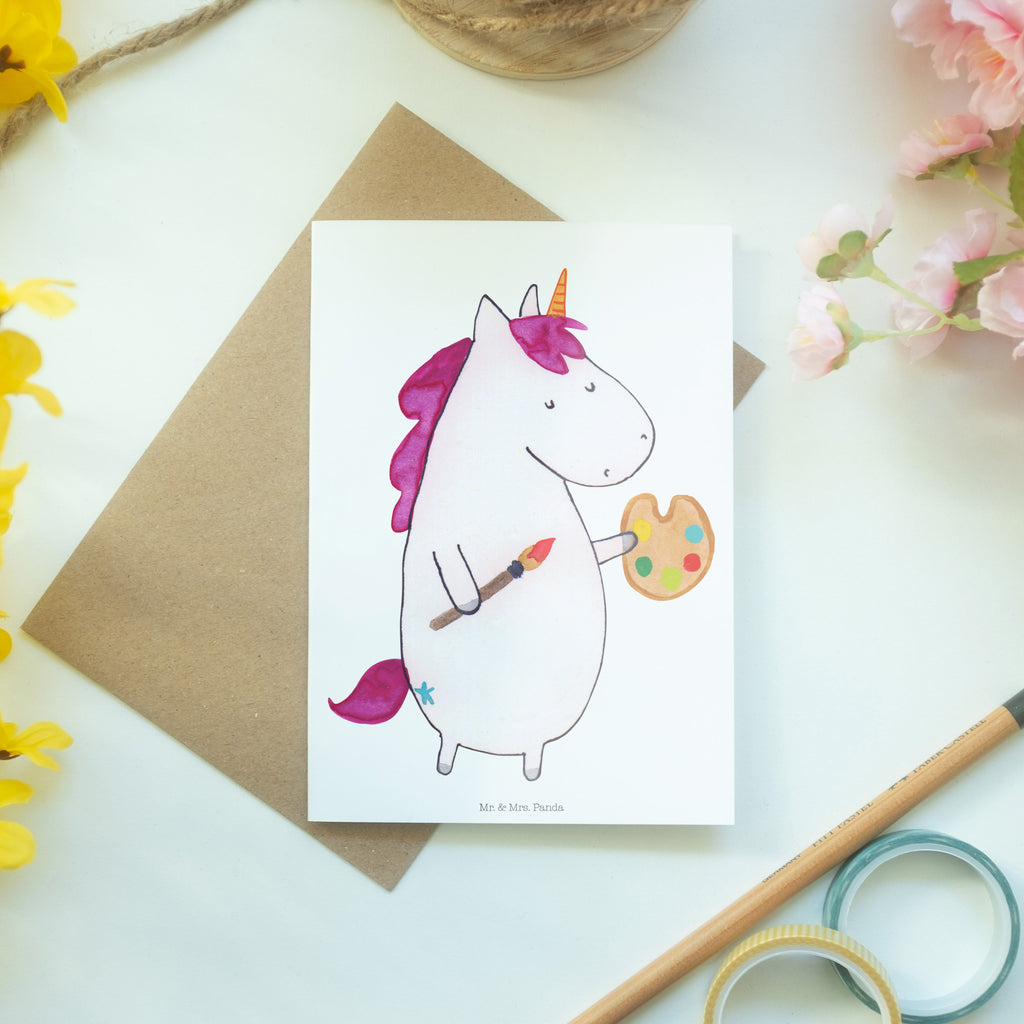 Grußkarte Einhorn Künstler Klappkarte, Einladungskarte, Glückwunschkarte, Hochzeitskarte, Geburtstagskarte, Karte, Einhorn, Einhörner, Einhorn Deko, Pegasus, Unicorn, Englisch, Künstler, Artist, Malen, Zeichnen, Welt, Farbe, Stift, Pinsel, Geschenk, Maler