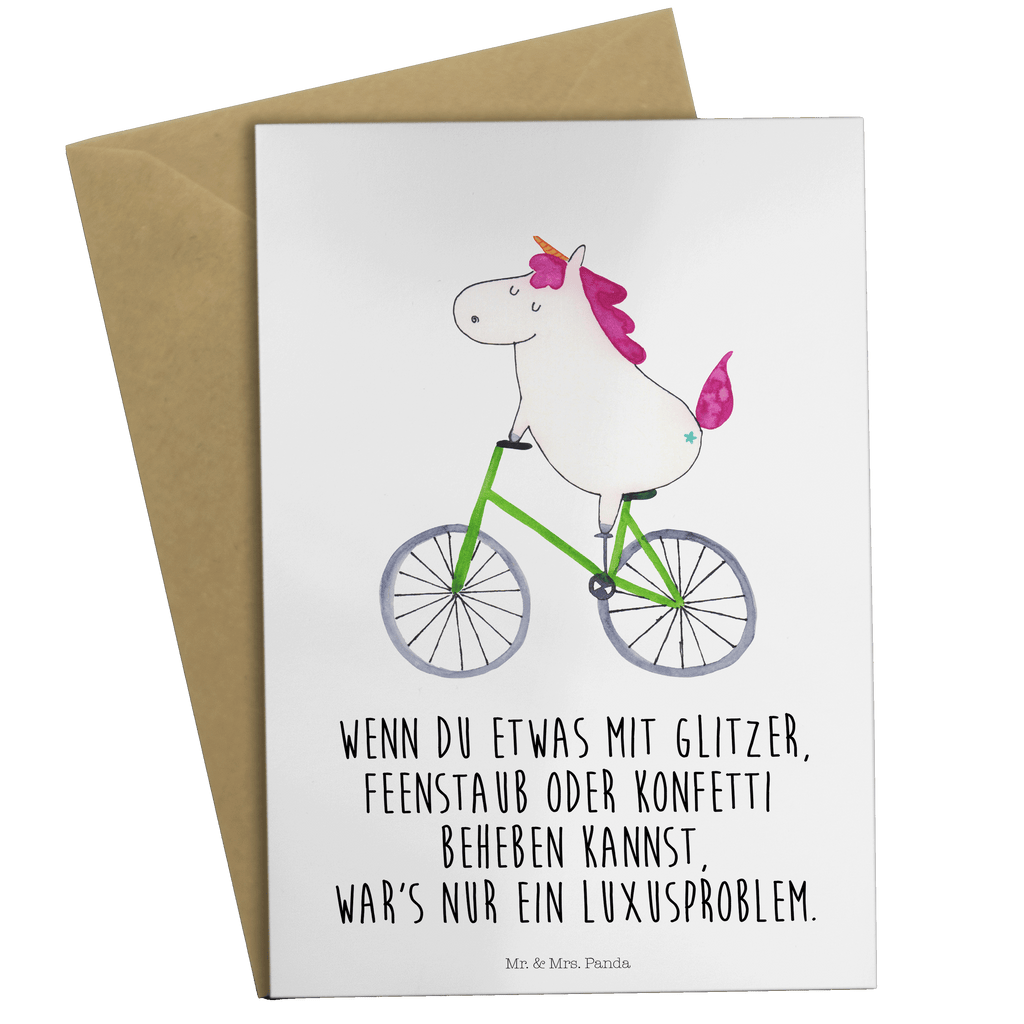 Grußkarte Einhorn Radfahrer Klappkarte, Einladungskarte, Glückwunschkarte, Hochzeitskarte, Geburtstagskarte, Karte, Einhorn, Einhörner, Einhorn Deko, Pegasus, Unicorn, Radfahren, Radfahrer, Rad, Bike, Feenstaub, Konfetti, Luxusproblem, Kummer, Liebeskummer
