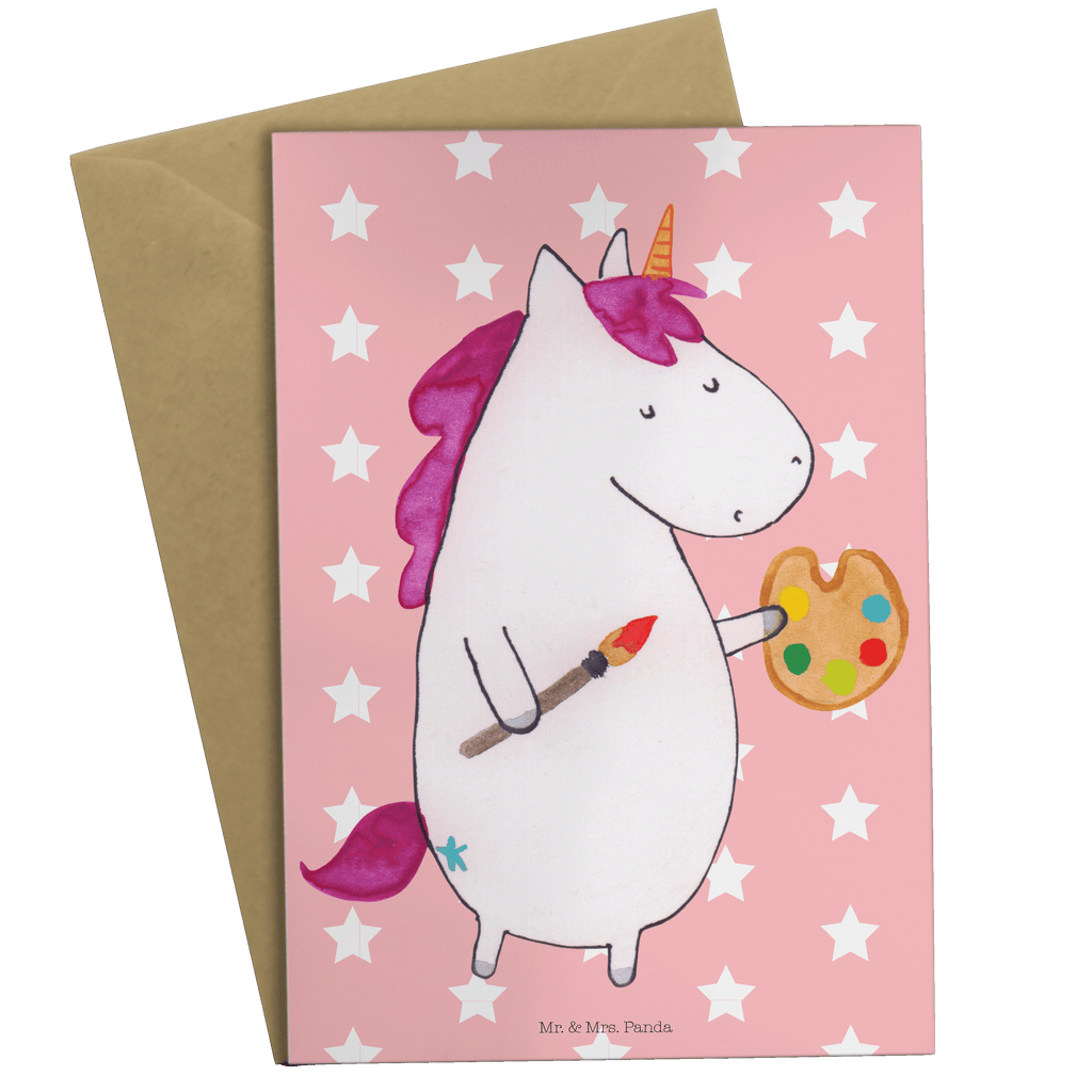Grußkarte Einhorn Künstler Klappkarte, Einladungskarte, Glückwunschkarte, Hochzeitskarte, Geburtstagskarte, Karte, Einhorn, Einhörner, Einhorn Deko, Pegasus, Unicorn, Englisch, Künstler, Artist, Malen, Zeichnen, Welt, Farbe, Stift, Pinsel, Geschenk, Maler