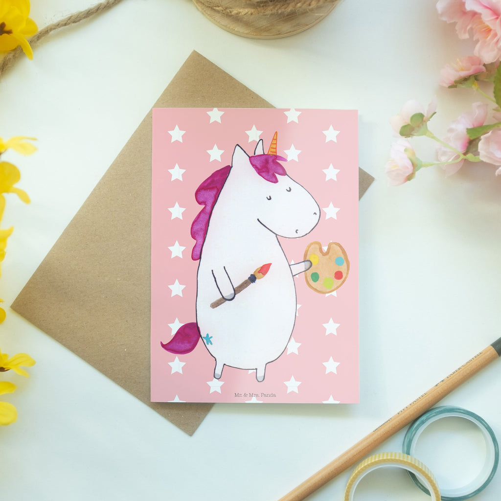 Grußkarte Einhorn Künstler Klappkarte, Einladungskarte, Glückwunschkarte, Hochzeitskarte, Geburtstagskarte, Karte, Einhorn, Einhörner, Einhorn Deko, Pegasus, Unicorn, Englisch, Künstler, Artist, Malen, Zeichnen, Welt, Farbe, Stift, Pinsel, Geschenk, Maler