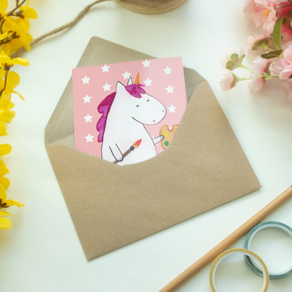 Grußkarte Einhorn Künstler Klappkarte, Einladungskarte, Glückwunschkarte, Hochzeitskarte, Geburtstagskarte, Karte, Einhorn, Einhörner, Einhorn Deko, Pegasus, Unicorn, Englisch, Künstler, Artist, Malen, Zeichnen, Welt, Farbe, Stift, Pinsel, Geschenk, Maler