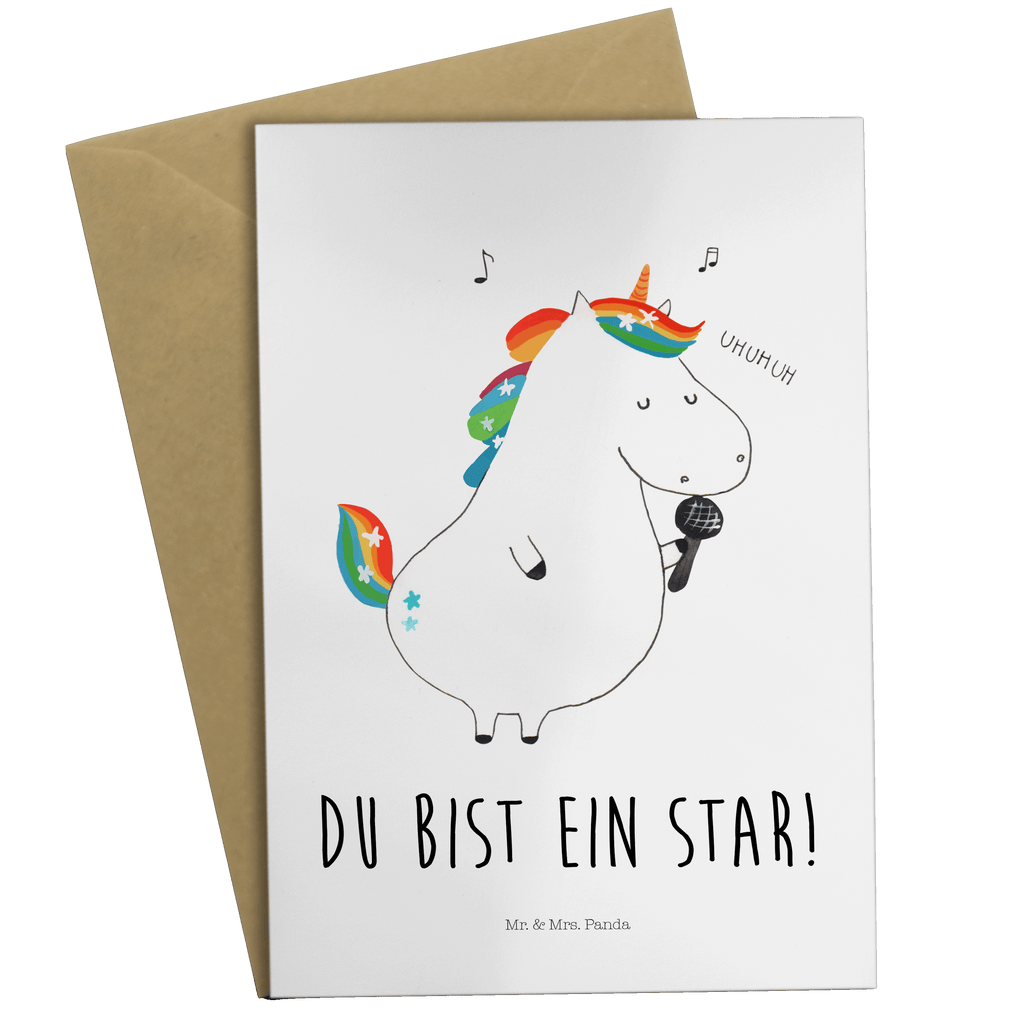Grußkarte Einhorn Sänger Klappkarte, Einladungskarte, Glückwunschkarte, Hochzeitskarte, Geburtstagskarte, Karte, Einhorn, Einhörner, Einhorn Deko, Pegasus, Unicorn, Glitzer, Konfetti, Party, Geburtstag, Feier, Fest, Disco, Sängerin, Sänger, Freundin