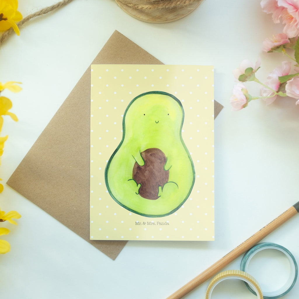 Grußkarte Avocado mit Kern Klappkarte, Einladungskarte, Glückwunschkarte, Hochzeitskarte, Geburtstagskarte, Karte, Avocado, Veggie, Vegan, Gesund, Avokado, Avocadokern, Kern, Pflanze, Spruch Leben
