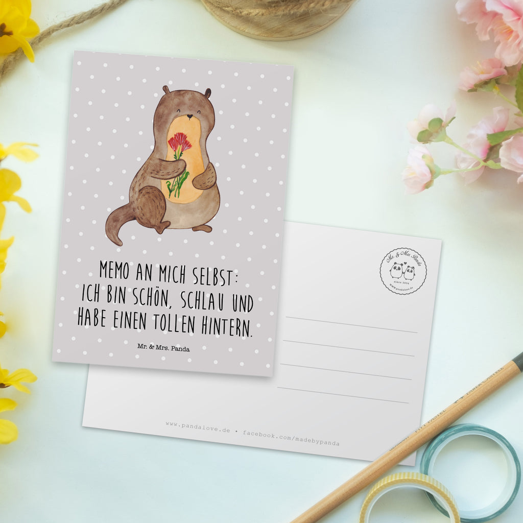 Postkarte Otter Blumenstrauß Geschenkkarte, Grußkarte, Karte, Einladung, Ansichtskarte, Geburtstagskarte, Einladungskarte, Otter, Fischotter, Seeotter, Otter Seeotter See Otter