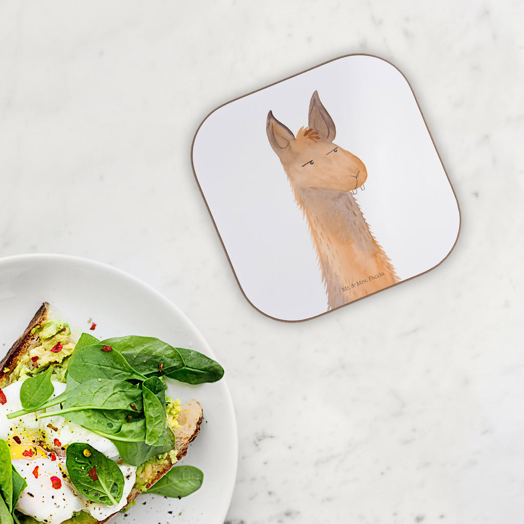 Quadratische Untersetzer Lamakopf genervt Bierdeckel, Glasuntersetzer, Untersetzer Gläser, Getränkeuntersetzer, Lama, Alpaka, Lamas, Recht haben, genervt sein, Freundin, beste Freundin, Partnerin, Büro, Büroalltag, Chef, Chefin, Azubi