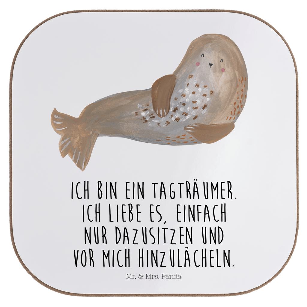 Quadratische Untersetzer Robbe lachend Bierdeckel, Glasuntersetzer, Untersetzer Gläser, Getränkeuntersetzer, Tiermotive, Gute Laune, lustige Sprüche, Tiere, Robbe, Robben, Seehund, Strand, Meerestier, Ostsee, Nordsee
