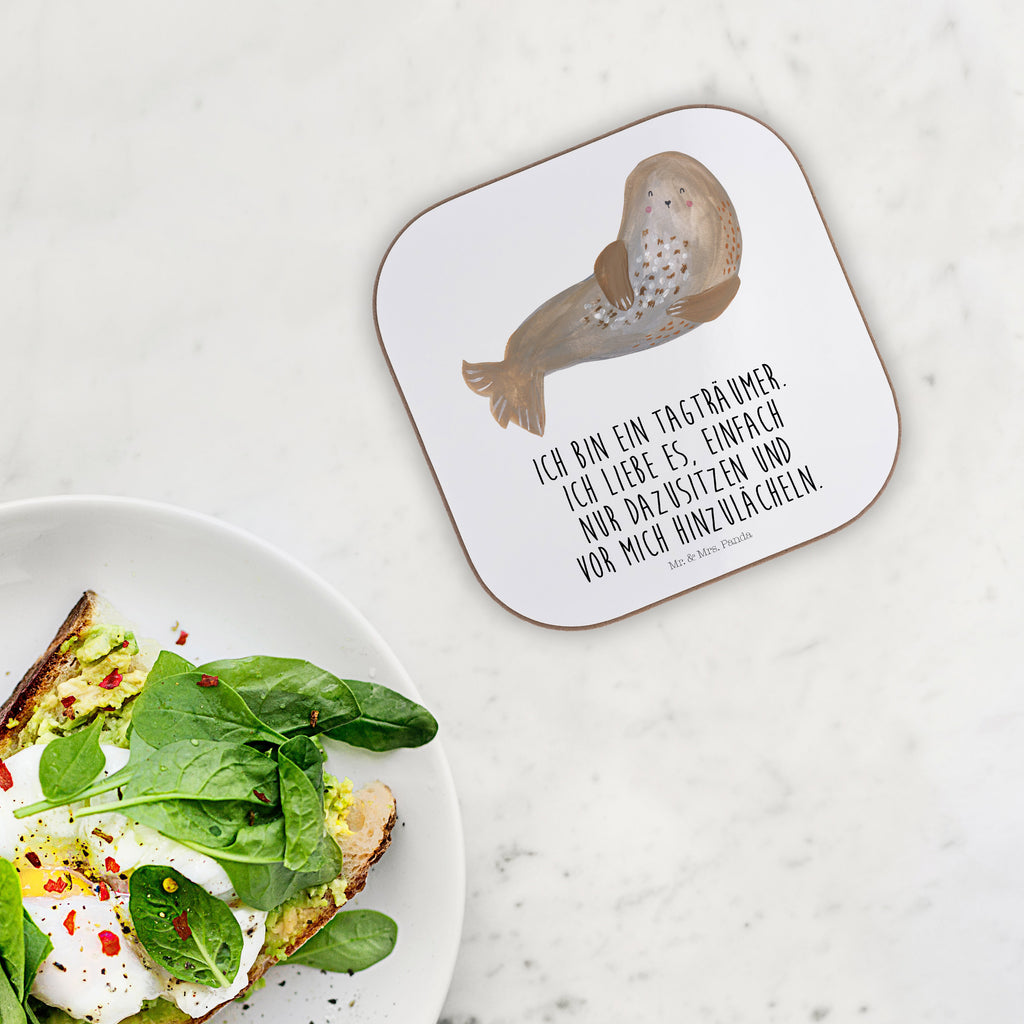 Quadratische Untersetzer Robbe lachend Bierdeckel, Glasuntersetzer, Untersetzer Gläser, Getränkeuntersetzer, Tiermotive, Gute Laune, lustige Sprüche, Tiere, Robbe, Robben, Seehund, Strand, Meerestier, Ostsee, Nordsee