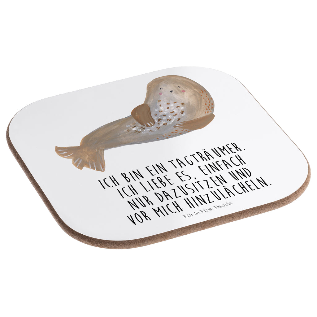 Quadratische Untersetzer Robbe lachend Bierdeckel, Glasuntersetzer, Untersetzer Gläser, Getränkeuntersetzer, Tiermotive, Gute Laune, lustige Sprüche, Tiere, Robbe, Robben, Seehund, Strand, Meerestier, Ostsee, Nordsee