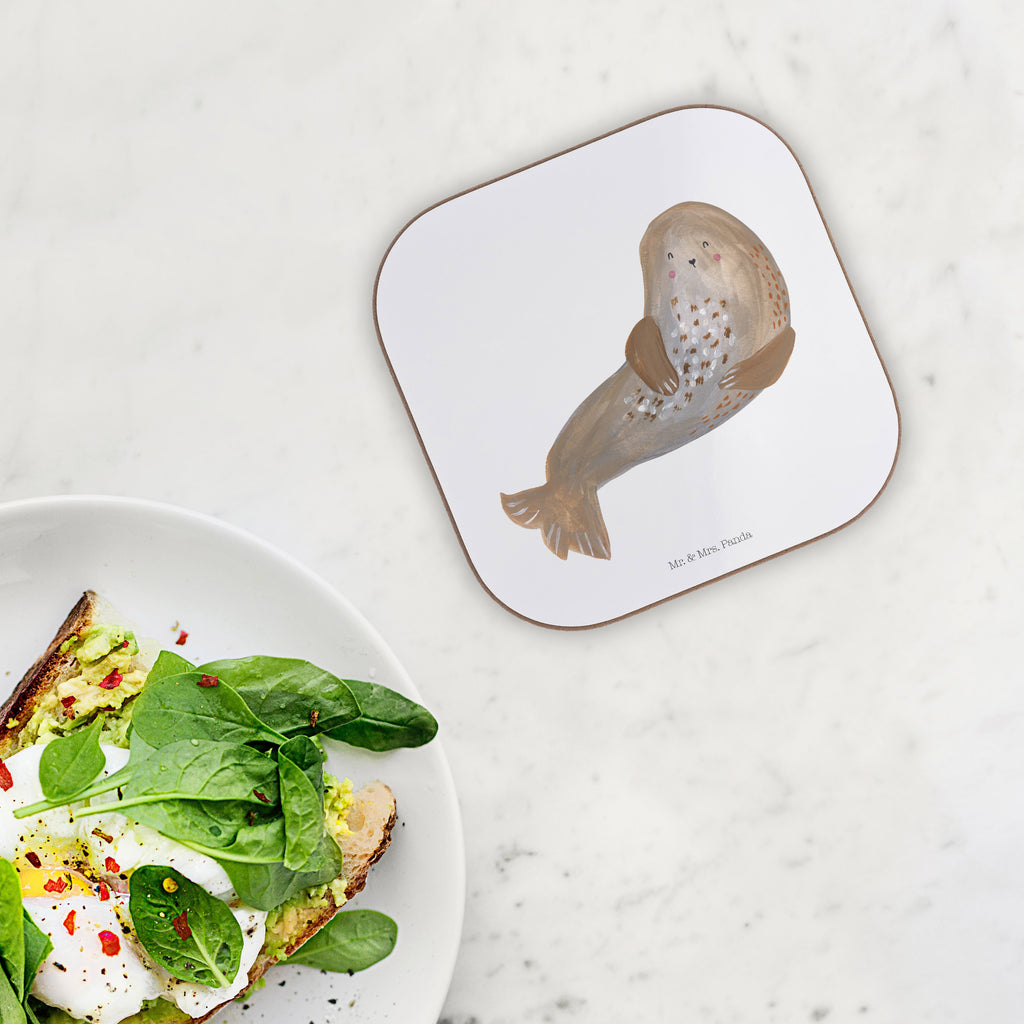 Quadratische Untersetzer Robbe lachend Bierdeckel, Glasuntersetzer, Untersetzer Gläser, Getränkeuntersetzer, Tiermotive, Gute Laune, lustige Sprüche, Tiere, Robbe, Robben, Seehund, Strand, Meerestier, Ostsee, Nordsee