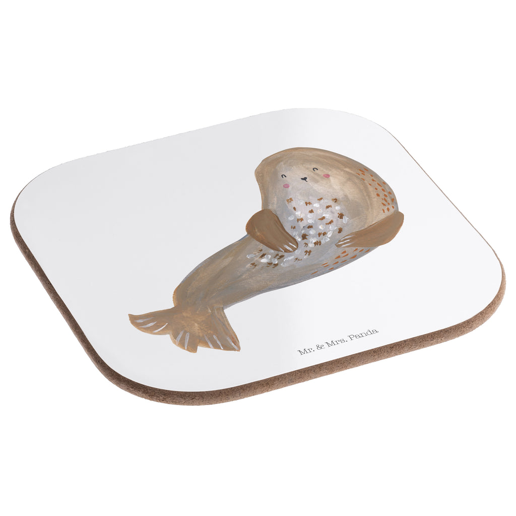 Quadratische Untersetzer Robbe lachend Bierdeckel, Glasuntersetzer, Untersetzer Gläser, Getränkeuntersetzer, Tiermotive, Gute Laune, lustige Sprüche, Tiere, Robbe, Robben, Seehund, Strand, Meerestier, Ostsee, Nordsee