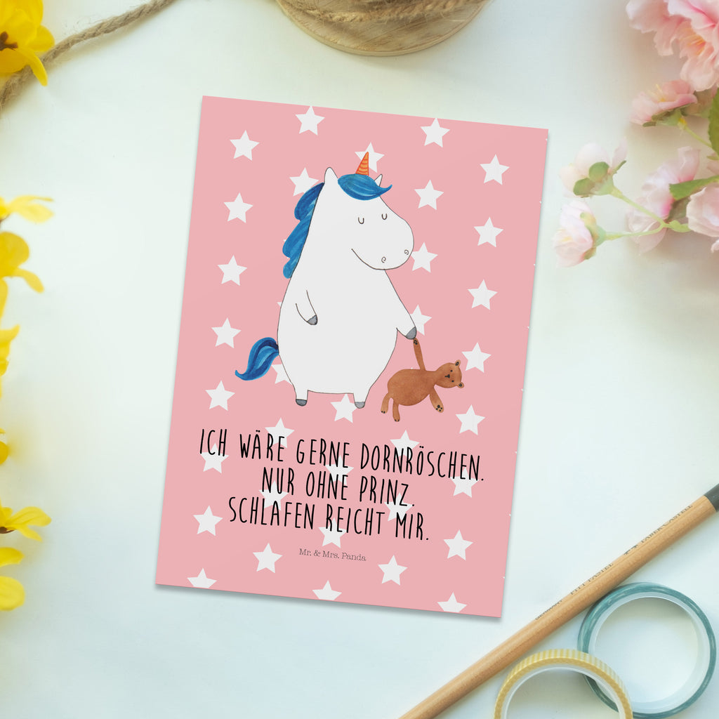 Postkarte Einhorn Teddy Geschenkkarte, Grußkarte, Karte, Einladung, Ansichtskarte, Geburtstagskarte, Einladungskarte, Einhorn, Einhörner, Einhorn Deko, Pegasus, Unicorn, schlafen, gute Nacht, Single, Bett, Träumen, Freundin, Singleleben