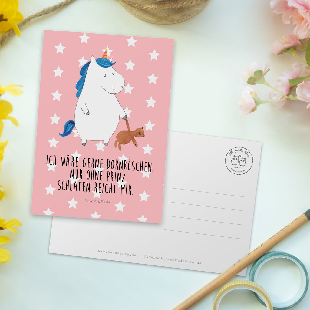 Postkarte Einhorn Teddy Geschenkkarte, Grußkarte, Karte, Einladung, Ansichtskarte, Geburtstagskarte, Einladungskarte, Einhorn, Einhörner, Einhorn Deko, Pegasus, Unicorn, schlafen, gute Nacht, Single, Bett, Träumen, Freundin, Singleleben