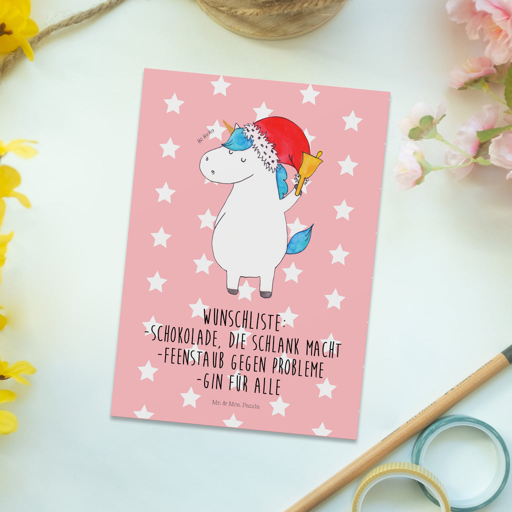 Postkarte Einhorn Weihnachtsmann Geschenkkarte, Grußkarte, Karte, Einladung, Ansichtskarte, Geburtstagskarte, Einladungskarte, Dankeskarte, Einhorn, Einhörner, Einhorn Deko, Pegasus, Unicorn, Gin, Schokolade, Schoki, Weihnachten, Weihnachtsmann, Nikolaus, Wunschzettel, Wunschliste, Feenstaub