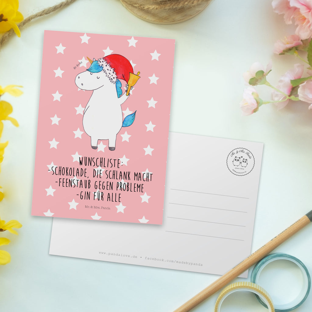 Postkarte Einhorn Weihnachtsmann Geschenkkarte, Grußkarte, Karte, Einladung, Ansichtskarte, Geburtstagskarte, Einladungskarte, Dankeskarte, Einhorn, Einhörner, Einhorn Deko, Pegasus, Unicorn, Gin, Schokolade, Schoki, Weihnachten, Weihnachtsmann, Nikolaus, Wunschzettel, Wunschliste, Feenstaub