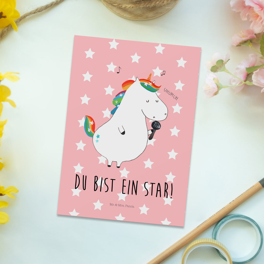 Postkarte Einhorn Sänger Geschenkkarte, Grußkarte, Karte, Einladung, Ansichtskarte, Geburtstagskarte, Einladungskarte, Dankeskarte, Einhorn, Einhörner, Einhorn Deko, Pegasus, Unicorn, Glitzer, Konfetti, Party, Geburtstag, Feier, Fest, Disco, Sängerin, Sänger, Freundin