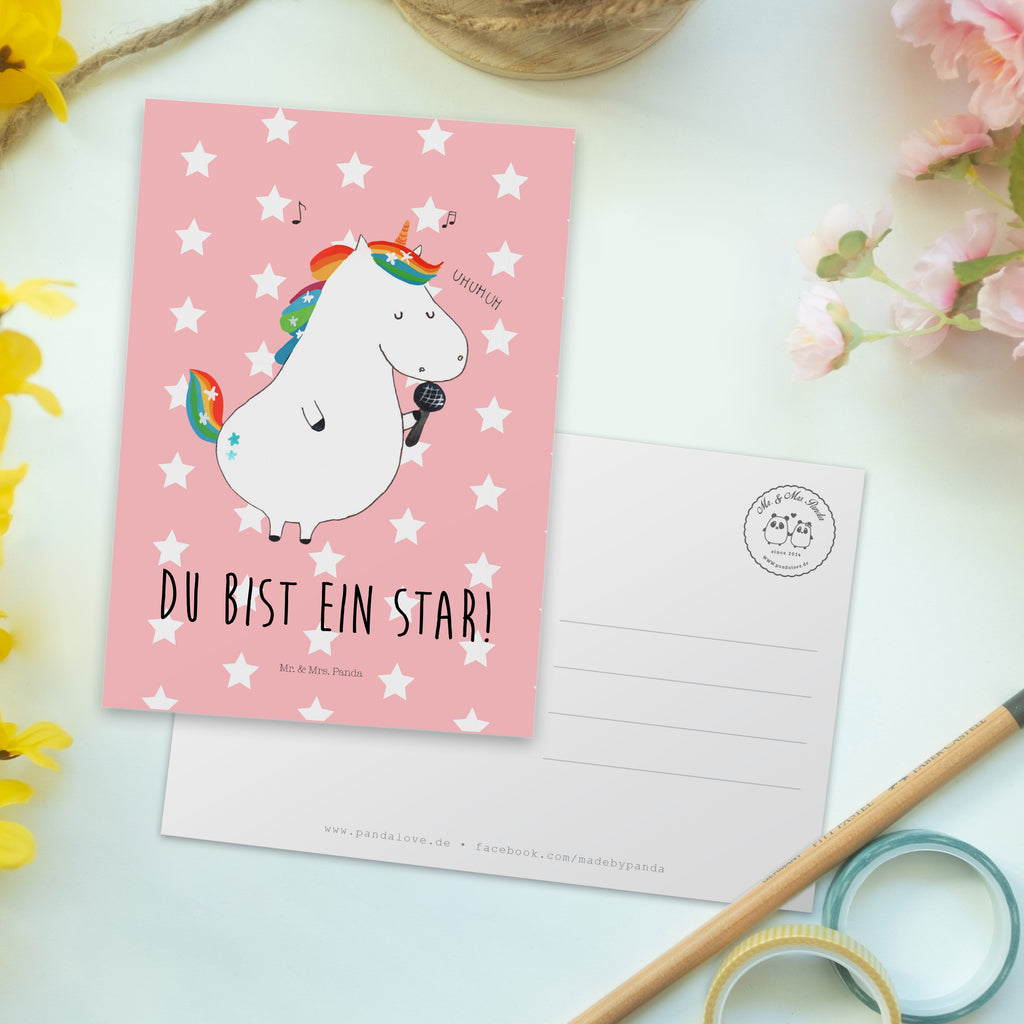 Postkarte Einhorn Sänger Geschenkkarte, Grußkarte, Karte, Einladung, Ansichtskarte, Geburtstagskarte, Einladungskarte, Dankeskarte, Einhorn, Einhörner, Einhorn Deko, Pegasus, Unicorn, Glitzer, Konfetti, Party, Geburtstag, Feier, Fest, Disco, Sängerin, Sänger, Freundin