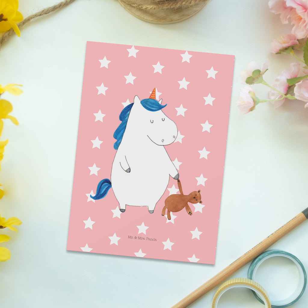 Postkarte Einhorn Teddy Geschenkkarte, Grußkarte, Karte, Einladung, Ansichtskarte, Geburtstagskarte, Einladungskarte, Einhorn, Einhörner, Einhorn Deko, Pegasus, Unicorn, schlafen, gute Nacht, Single, Bett, Träumen, Freundin, Singleleben