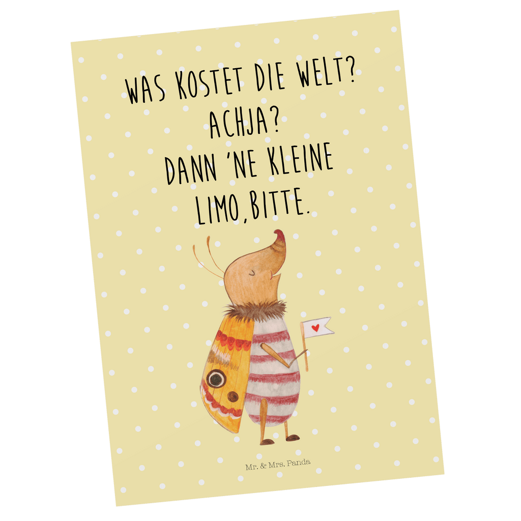 Postkarte Nachtfalter mit Fähnchen Geschenkkarte, Grußkarte, Karte, Einladung, Ansichtskarte, Geburtstagskarte, Einladungskarte, Dankeskarte, Tiermotive, Gute Laune, lustige Sprüche, Tiere, Nachtfalter, Käfer, Spruch lustig, Spruch witzig, süß, niedlich, Küche Deko, Was kostet die Welt