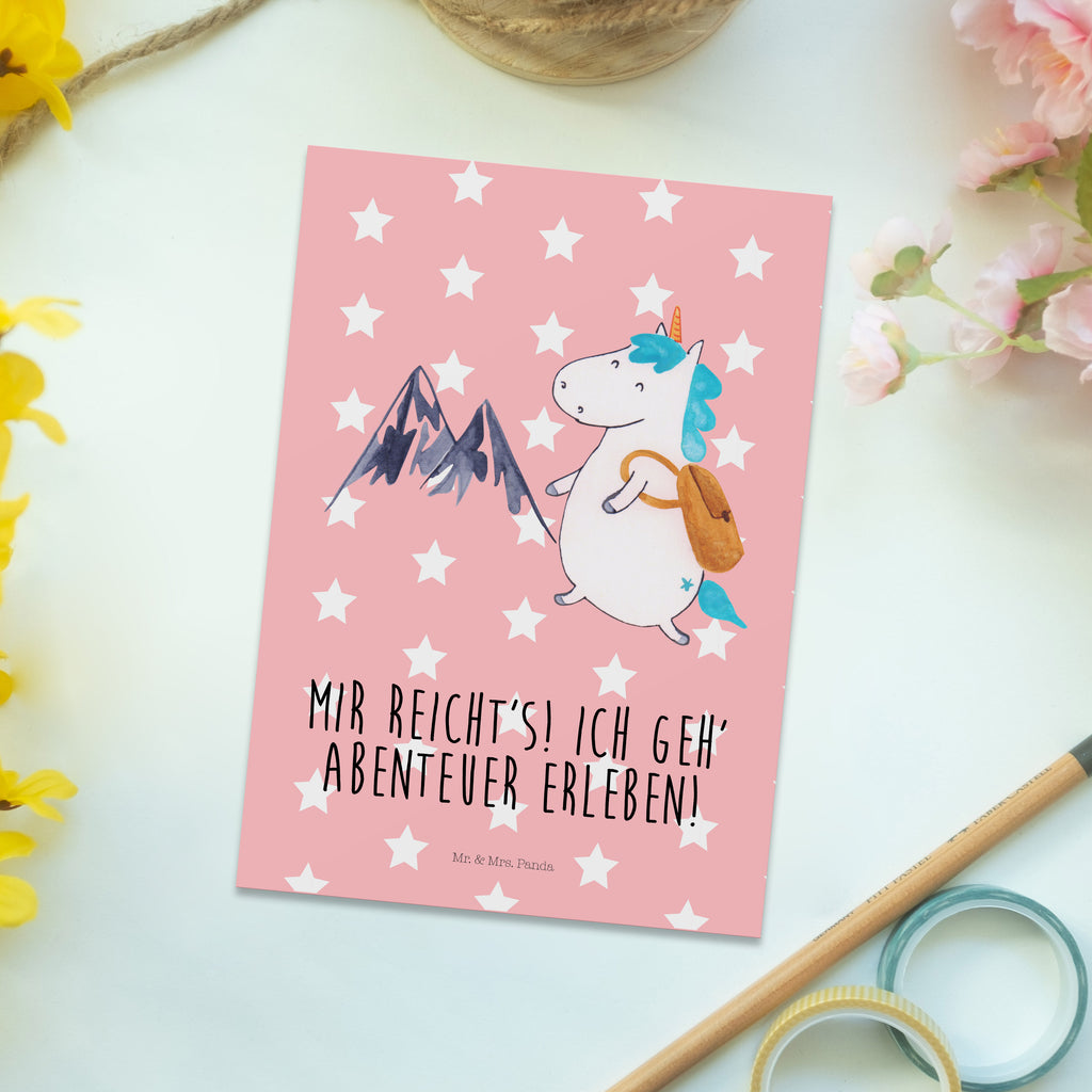 Postkarte Einhorn Bergsteiger Geschenkkarte, Grußkarte, Karte, Einladung, Ansichtskarte, Geburtstagskarte, Einladungskarte, Einhorn, Einhörner, Einhorn Deko, Pegasus, Unicorn, Bergsteiger, Abenteuer, Berge, Abenteurer, Weltenbummler, Weltreise, Reisen, Urlaub, Entdecker